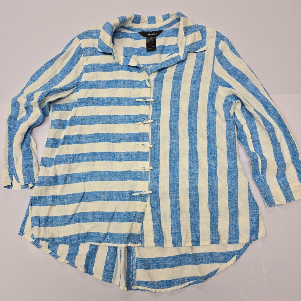 Ali Miles Blue White Striped Toggle Front Zipper Back Linen Blend Top PS Mens